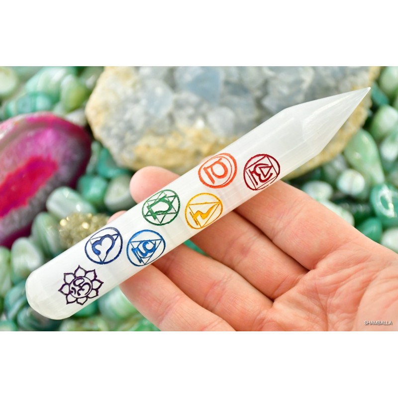 Różdżka do masażu z selenitu z symbolami 7 czakr - Kamienie naturalne - Sklep Shamballa