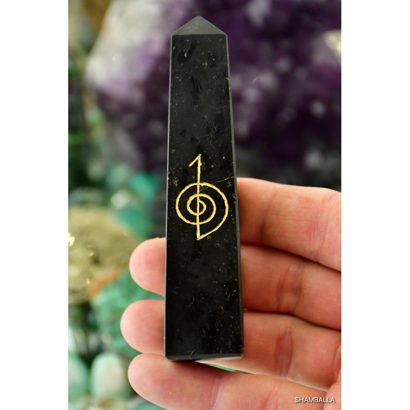 Czarny turmalin obelisk z symbolami Reiki 122 g