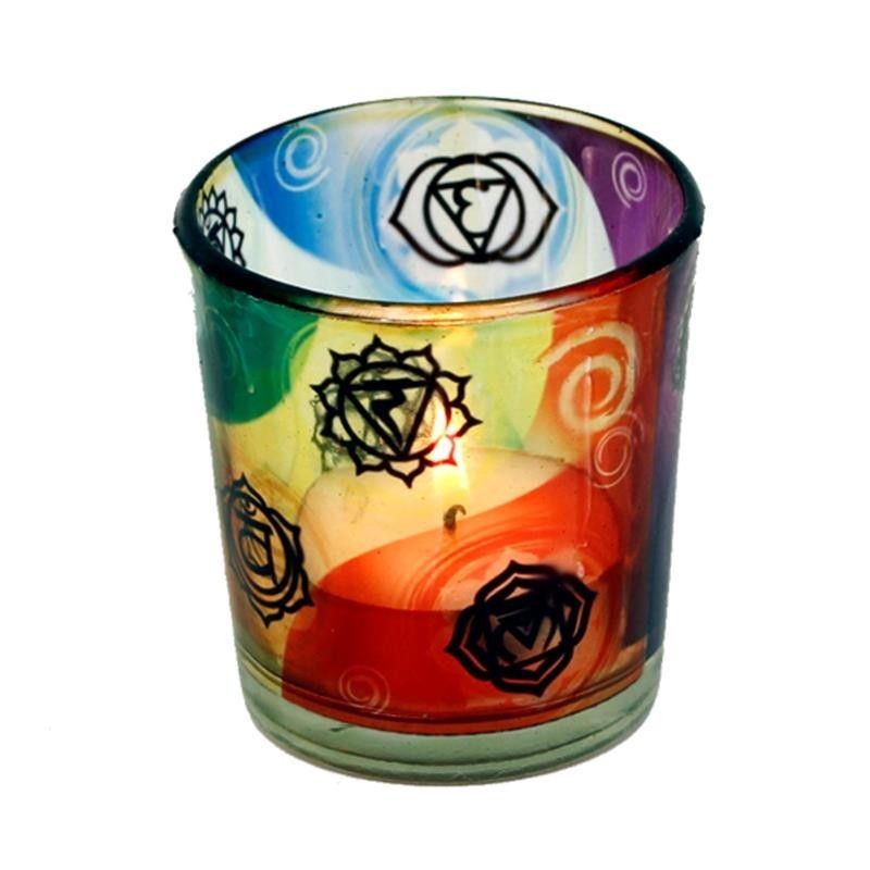 Świecznik z symbolem 7 czakr szklany - Sklep Shamballa